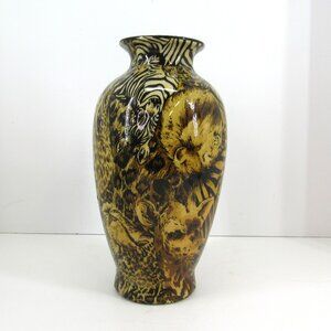 Ceramic African Safari Patchwork Vase Lions Leopards and Zebra 9 Inch Tall